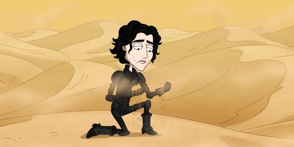 A screengrab of Family Guy season 22 with Paul Atreides kneeling down feeling the Arrakis sand
